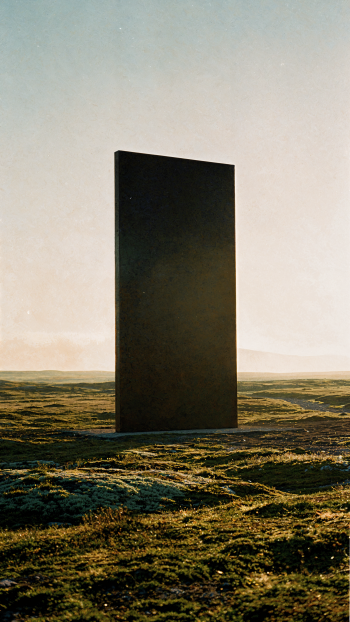 iPhone wallpaper: a lone black monolith rising from a sunlit, mossy moor under a pale, hazy sky.