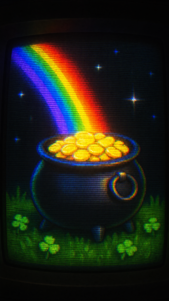 iPhone wallpaper: colorful rainbow arching into a bubbling pot of gold on clover-strewn grass beneath a starry night sky.