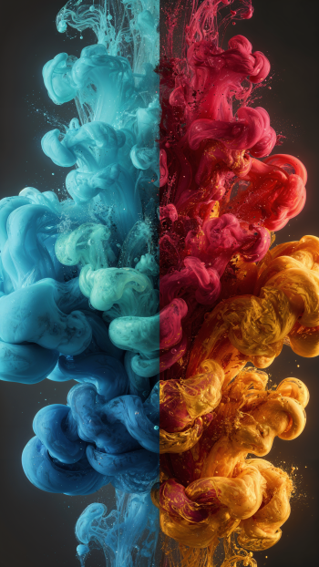 Vertical phone/iPhone wallpaper of vibrant colorful smoke: cyan and blue plumes left, magenta and orange-gold swirls right, ink-like textures.