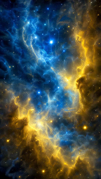 Vertical iPhone wallpaper showing blue and gold cosmic dust and glowing nebula with scattered stars across a deep-space scene.