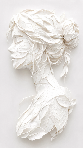 White aesthetic iPhone wallpaper showing a sculpted paper silhouette of a woman's profile made of layered leaf shapes with soft shadows.