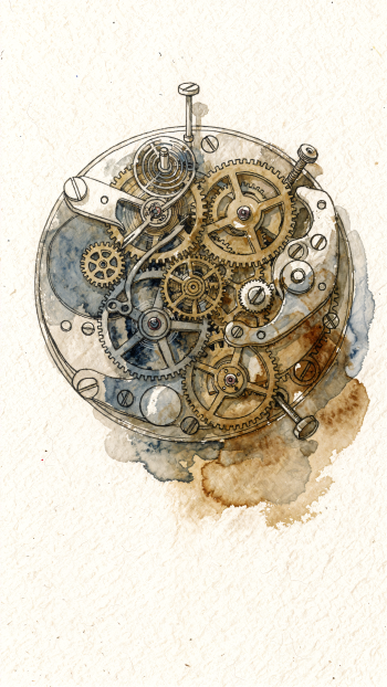 iPhone wallpaper depicting a clockwork mechanism in watercolor — interlocking brass gears, screws and plates on textured paper with sepia and blue washes.