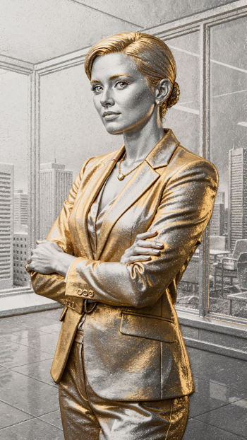 iPhone wallpaper: metallic gold businesswoman statue, arms crossed in a glass-front office with a city skyline visible.