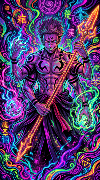 Vibrant neon phone wallpaper of Sukuna (Jujutsu Kaisen): fierce, tattooed demonic figure gripping a glowing spear amid swirling colorful runes, flames, and arcane symbols.