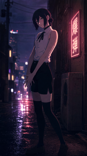 iPhone wallpaper of Reze (Chainsaw Man) standing in a neon-lit rainy alley at night in a school uniform, a pink kanji neon sign glowing beside her.