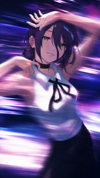 iPhone wallpaper of Reze (Chainsaw Man): smirking green-eyed woman with dark hair in a white blouse and black ribbon, motion-blurred purple streaked background