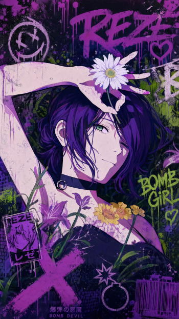 iPhone wallpaper of Reze (Chainsaw Man): purple-haired Reze poses with a daisy against grungy purple-green graffiti reading REZE and Bomb Girl.
