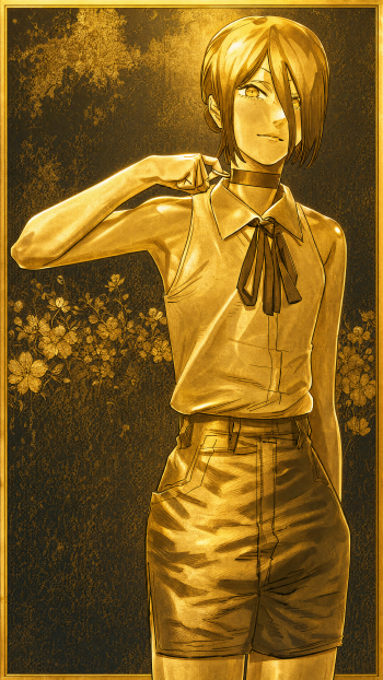 Gold-toned iPhone wallpaper of Reze (Chainsaw Man), hand at collar, wearing a ribbon-tied blouse and skirt against a dark, floral textured background.