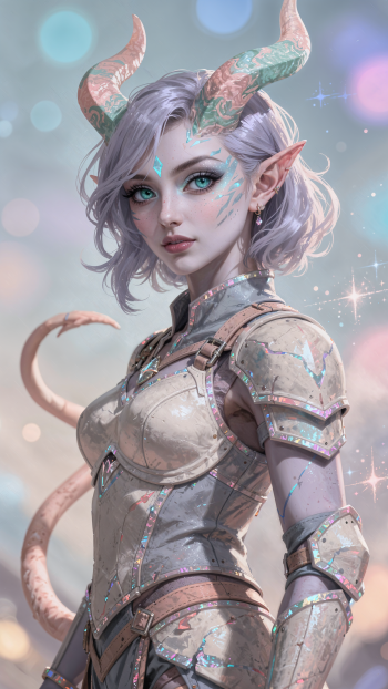 iPhone wallpaper of a silver‑haired tiefling in iridescent armor, curved horns, teal eyes and a swaying tail against a dreamy pastel bokeh backdrop.