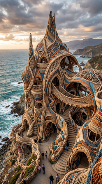 Surreal woven-wood coastal architecture of twisting arches and stairways rising above the ocean, vertical iPhone wallpaper with tiny people for scale.