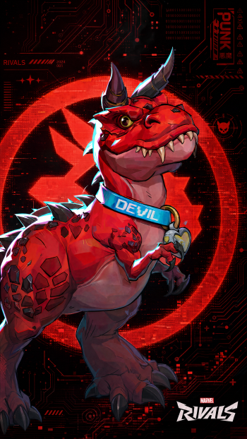 Marvel Rivals iPhone wallpaper: a red horned T-Rex wearing a DEVIL collar with a heart tag, posing before a glowing red emblem and circuit-board style background.
