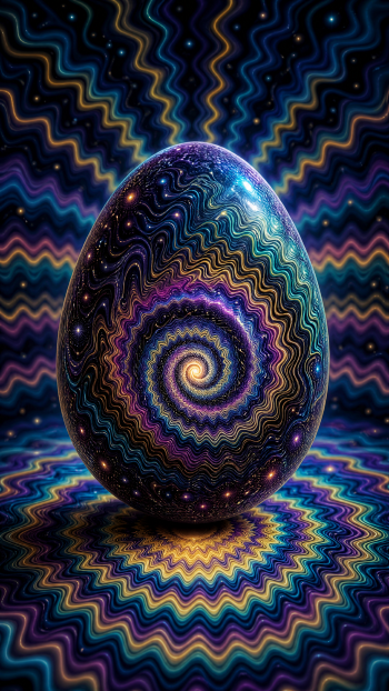 iPhone wallpaper of a glowing fantasy egg with a swirling galaxy spiral at its center and vivid, wavy psychedelic patterns radiating outward