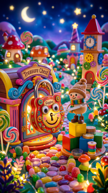 Vibrant iPhone wallpaper of a candyland lockpicking scene: a toy snowman uses a pick on a smiling Giggles padlock sealing a treasure chest amid glowing lollipops.