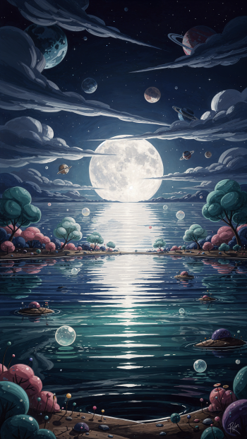 iPhone wallpaper of a moonlit lake reflecting a giant full moon, flanked by whimsical trees, floating bubbles and distant planets beneath a starry, clouded night sky.