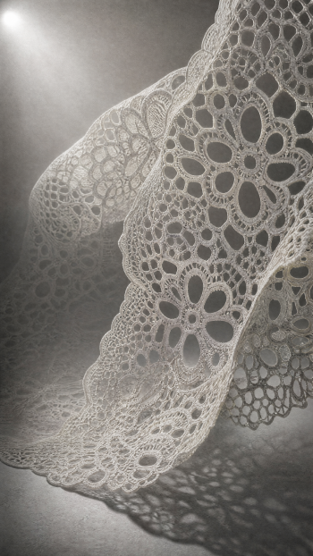 iPhone wallpaper: delicate white lace pattern draped in soft light, casting intricate floral-motif shadows and looping textures.