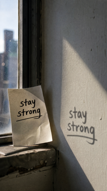 iPhone wallpaper: sunlit windowsill with a crumpled note reading stay strong, its shadow casting the same handwritten words on the nearby wall.