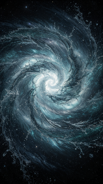 Teal-and-silver spiral cosmic storm swirling into a bright core, moody space texture rendered as an iPhone wallpaper.