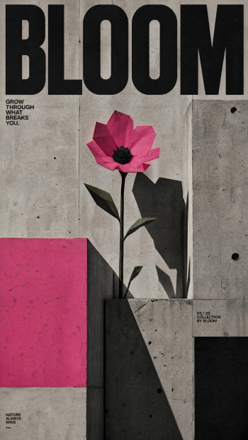 iPhone wallpaper titled BLOOM: concrete-textured backdrop with large black BLOOM text, a geometric pink flower growing from a shadowed concrete ledge and a pink square accent.
