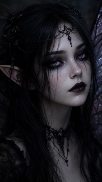 Gothic fairy iPhone wallpaper: pale, elf-like woman with dark hair, smokey eyes, black lips, lace headpiece and choker, faint iridescent wings against a shadowy background.