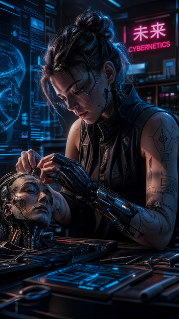 iPhone wallpaper of a cyberneticist in a neon-lit lab installing mechanical components into an android head, with holographic schematics and a 'CYBERNETICS' neon sign.