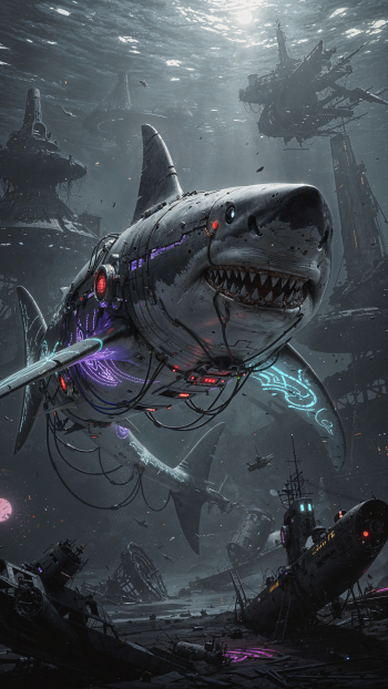 Cyborg megalodon with glowing neon circuits and cables prowls a sunken, futuristic wreckage — dramatic iPhone wallpaper.