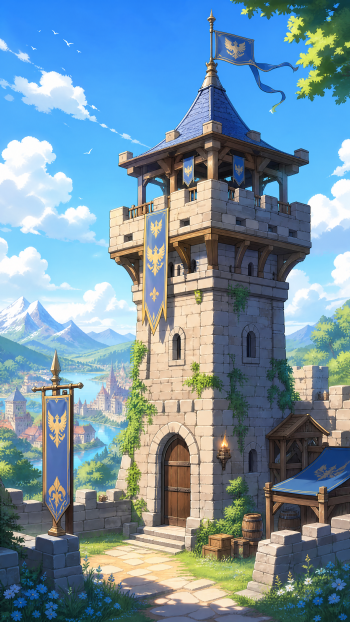 Fortified Tower iPhone wallpaper — sunlit stone watchtower with blue banners and ivy, flags fluttering, castle walls and distant mountains beneath a bright sky.