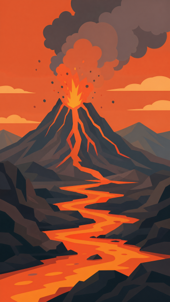 Phone/iPhone wallpaper: stylized volcanic landscape showing an erupting volcano, ash plume and glowing lava river winding down dark jagged slopes under an orange-red sky.