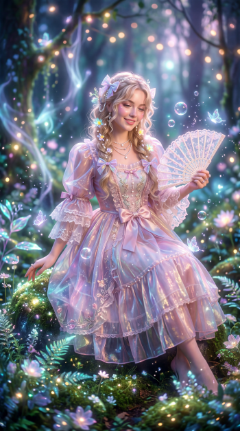 Coquette iPhone wallpaper: dreamy fairy-tale scene of a smiling woman in a pastel lace dress holding a fan, surrounded by glowing flowers, bubbles, and twinkling lights.