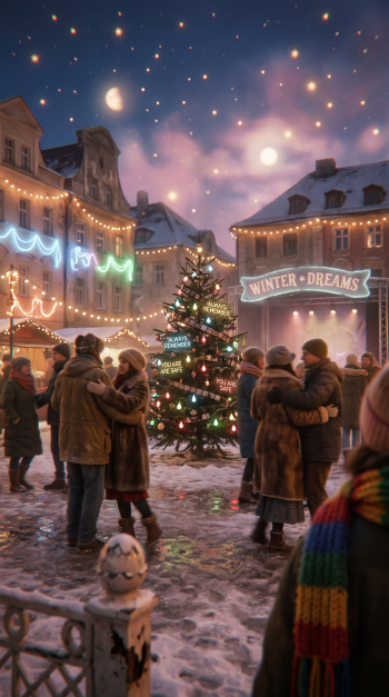 Joyful holiday iPhone wallpaper: snowy European square at dusk, twinkling lights, decorated Christmas tree and couples dancing under festive string lights.