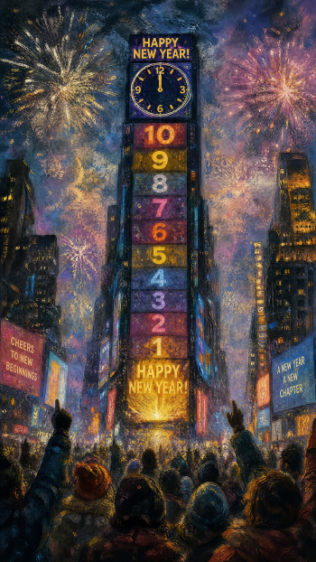 Phone wallpaper showing a New Year countdown tower (10–1) with HAPPY NEW YEAR! displays, fireworks lighting the sky and a jubilant crowd raising hands.