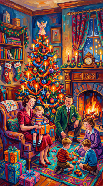 Vintage Christmas iPhone wallpaper showing a cozy family by a glowing tree and fireplace, parents and children opening gifts and playing amid stockings and wrapped presents.