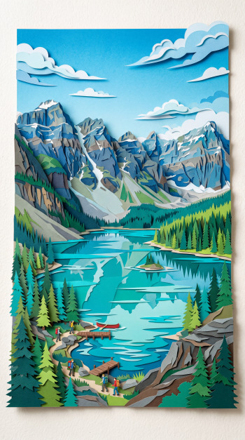 iPhone wallpaper showing a stylized mountain lake: turquoise water, pine-covered shore, docks with a canoe and tiny hikers, and snow-capped rocky peaks under a blue sky.