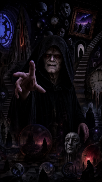 iPhone wallpaper showing Emperor Palpatine in a dark hood reaching toward the viewer amid floating clocks, cracked masks, surreal stairways and shadowed, otherworldly landscapes.