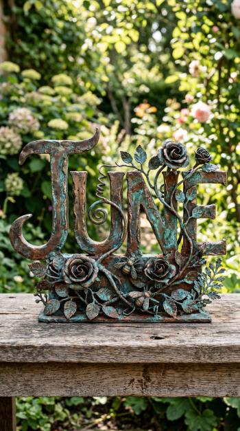 iPhone wallpaper: verdigris metal sculpture spelling JUNE, adorned with roses, set on a weathered wooden bench with a sunlit, softly blurred garden background.