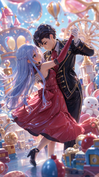 Eighty Six iPhone wallpaper: silver‑haired girl in red dress and dark‑uniformed man waltz amid pastel carnival balloons, toy ferris wheel and plush bunnies under dreamy, sparkling lights.