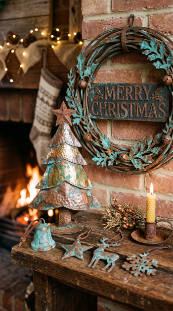 Rustic holiday iPhone wallpaper: cozy brick mantel with lit fireplace, patina metal Merry Christmas wreath, small metal tree, candle and festive ornaments.