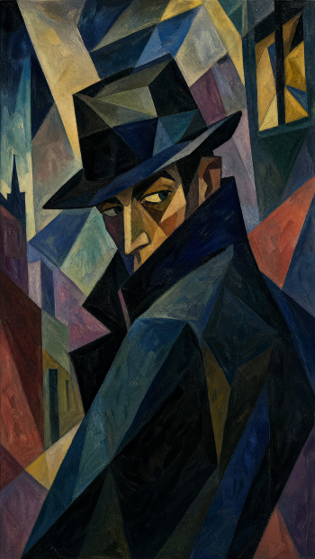 Cubist-style spy in a fedora and trench coat, glancing over his shoulder amid a faceted geometric cityscape — vertical iPhone wallpaper.