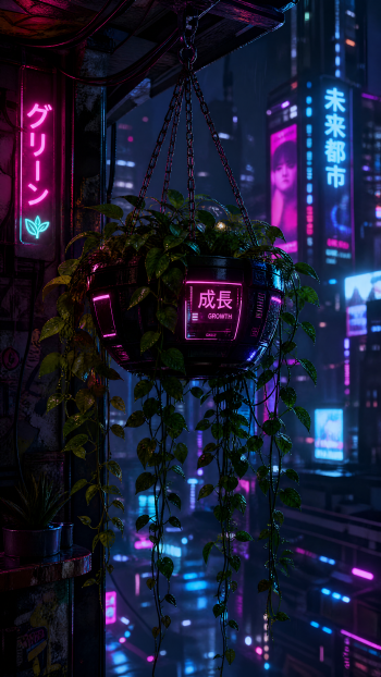 iPhone wallpaper: neon-lit cyberpunk cityscape at night with a hanging potted plant, trailing vines, and a glowing kanji sign reading 成長 (growth).