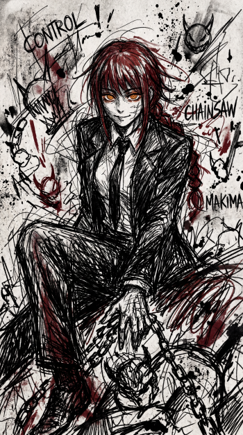 Grungy sketch of Makima (Chainsaw Man) in a suit, glowing eyes, chains and blood-splatter details — vertical iPhone wallpaper.