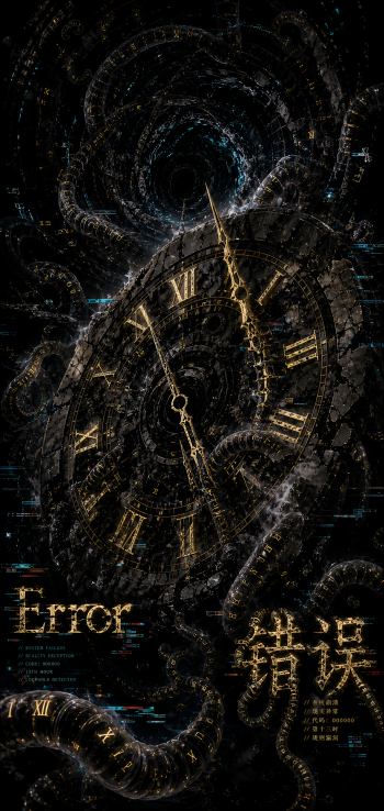 Amoled fan art, AI Art phone wallpaper: fractured antique clock with gold Roman numerals, twisting techno-tentacles, glitch effects and the word Error plus Chinese characters.