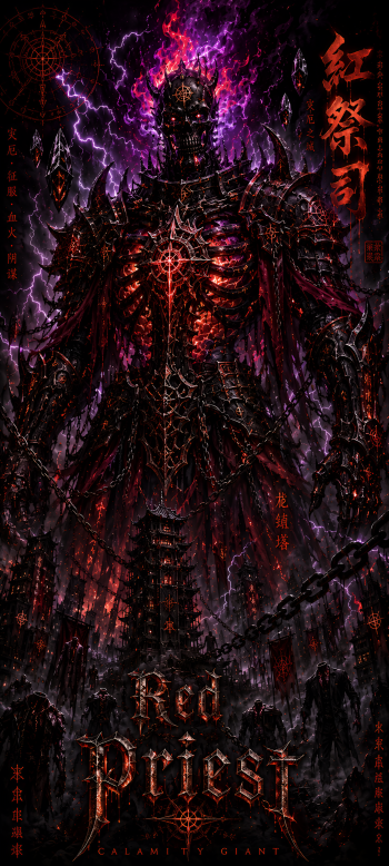 AMOLED fan art AI phone/iPhone wallpaper: towering Red Priest calamity giant — skeletal spiked armor, glowing chest sigil, purple lightning and chains looming over a ruined city.