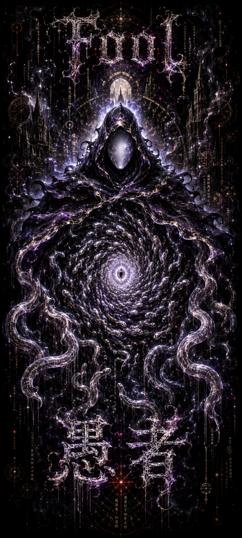 Amoled AI fan art iPhone wallpaper: hooded faceless figure above a spiraling cosmic vortex, writhing ethereal tendrils and glowing gothic text on a deep black background.