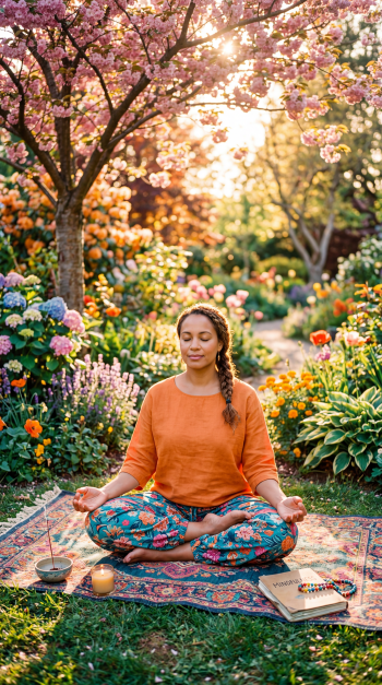 Mindfulness iPhone wallpaper: person meditating cross‑legged on a rug beneath blooming trees in a sunlit, colorful garden with a candle and journal nearby.