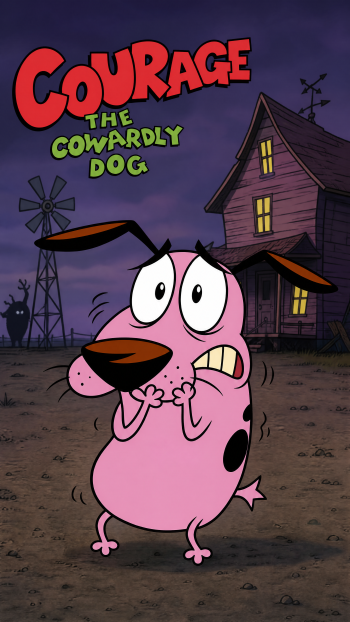 iPhone wallpaper of Courage the Cowardly Dog trembling before a haunted farmhouse at dusk, windmill and shadowy figure in the background.