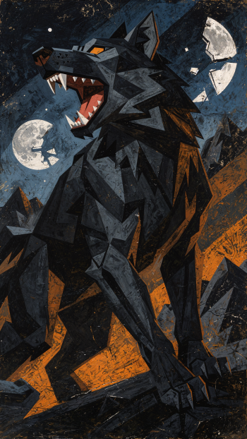 iPhone wallpaper of Fenrir: a geometric black wolf roaring atop jagged rocks, bared fangs, twin moons in a textured, angular block-style scene with orange highlights.