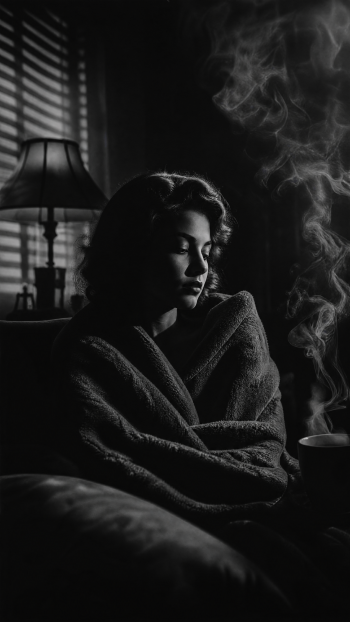 Black-and-white iPhone wallpaper: person wrapped in a cozy blanket, eyes closed by a lamp and blinds, steam rising from a hot cup — moody, quiet evening scene.