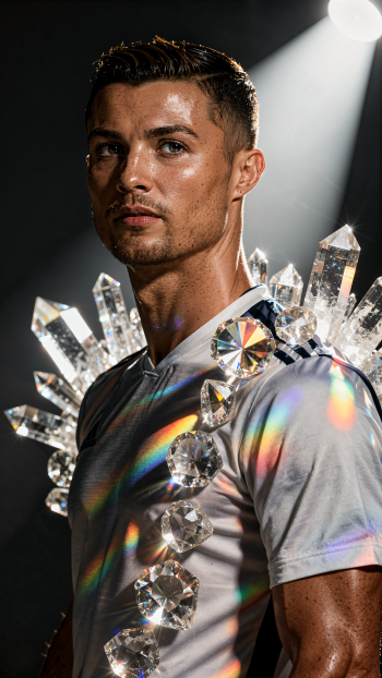 iPhone wallpaper: dramatic portrait of a male soccer star in a white kit, spotlighted with crystalline prisms on his shoulders casting rainbow reflections.