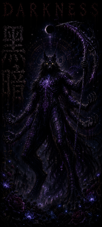 Amoled fan art AI phone wallpaper: towering cosmic reaper with tentacled silhouette, glowing purple galaxy core, crescent moon halo and ornate scythe against a black starfield.