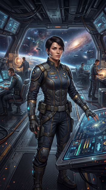 iPhone wallpaper of a female starship captain standing on a busy bridge, holographic control panels and crew around her, galaxies and starships visible through the viewscreen.