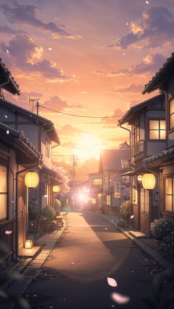 Anime-style iPhone wallpaper: a quiet Japanese street at sunset, warm glowing lanterns, falling cherry petals and long evening shadows.